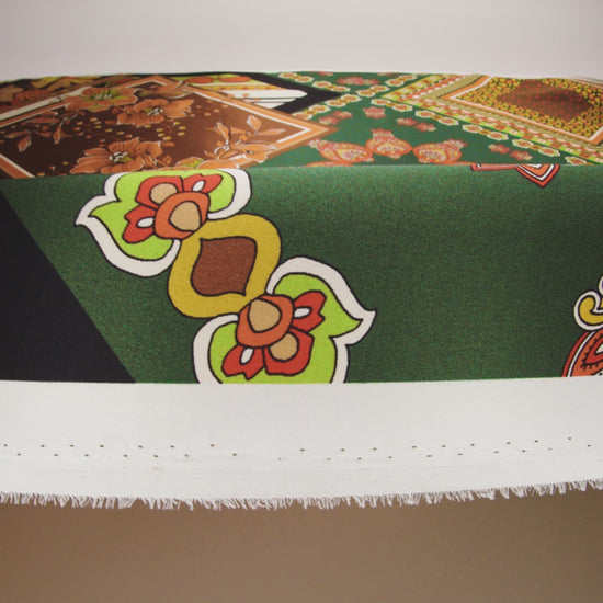 Silk Charmeuse Print 16MM, Made in Italy - Green, Brown and Orange Patchwork Squares with Flowers and Stripes