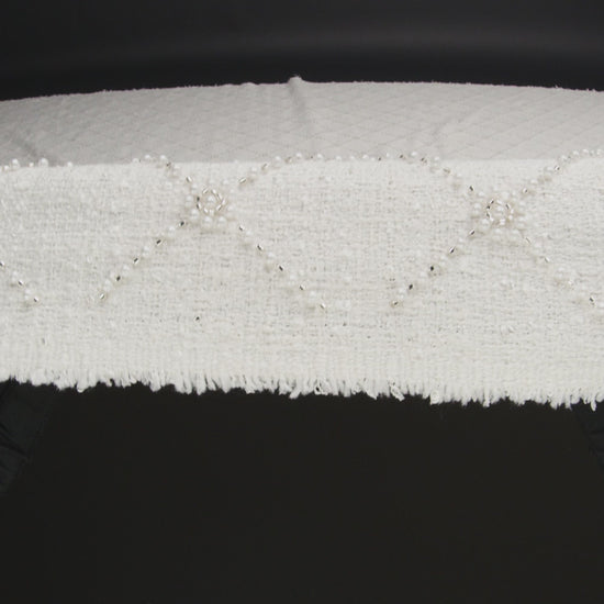 Embellished Polyester Tweed - White Tweed with Pearl and Silver Beaded Diamond Flower Lattice