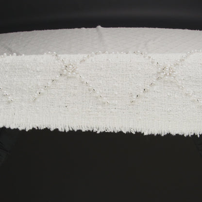 Embellished Polyester Tweed - White Tweed with Pearl and Silver Beaded Diamond Flower Lattice