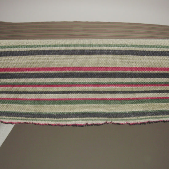Medium Weight Linen Woven Print - Red, Green and Black Barcode Stripes on Oatmeal