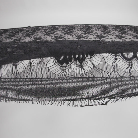 Nylon Re-Embroidered Lace - Black Floral Swirly Vines with Scalloped Borders