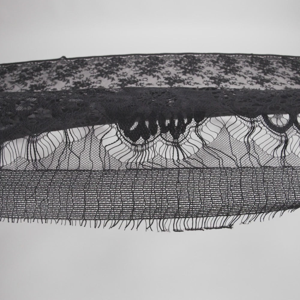 Nylon Re-Embroidered Lace - Black Floral Swirly Vines with Scalloped Borders