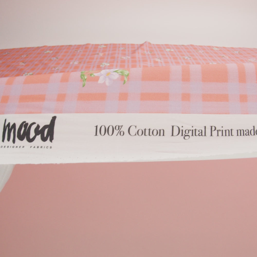 Cotton Poplin Print - Orange and Lilac Plaid and Floral - Mood Exclusive Park Date