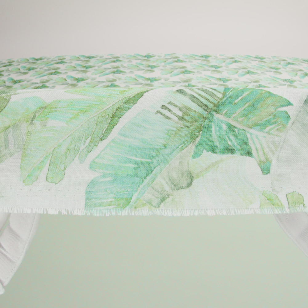Green Banana and Palm Leaves Printed Ivory Linen Woven
