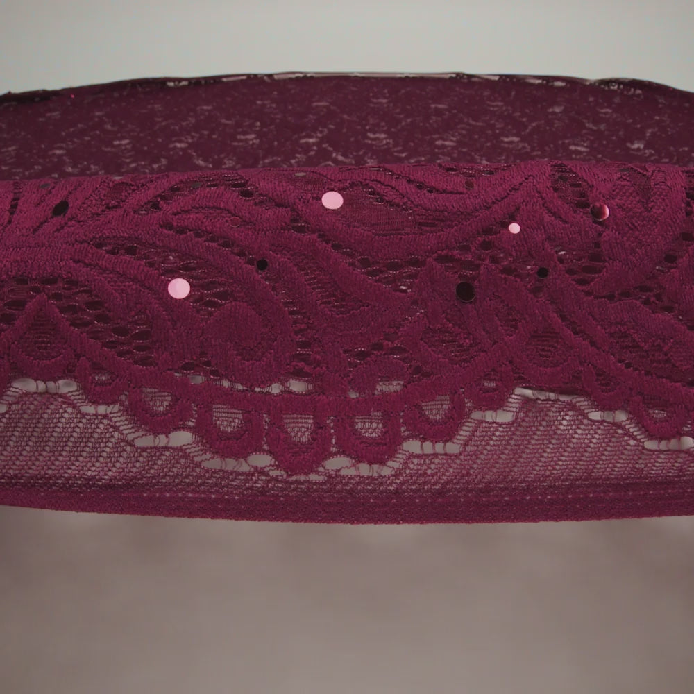 Stretch Raschel Lace with Metallic Spots - Burgundy Fancy Leaves and Flowers - Image 6 of 6