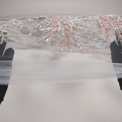 Beaded and Embroidered Tulle with 3D Appliques - Light Blue, Pink and Gold Fanciful Floral Sprays