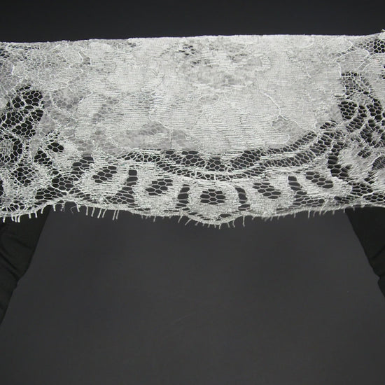 French Metallic Chantilly Lace with Finished Scalloped Edges by Solstiss - Metallic Silver and Greige Flowers