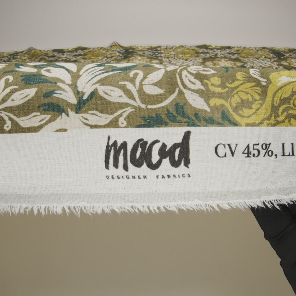 Linen and Rayon Woven - Olive, Lime Green and Cream Floral Diamonds - Mood Exclusive Fleur Filigree Print