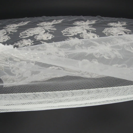 Embroidered and Beaded Bridal Tulle with 3D Fabric Flowers - Off White Fancy Florals