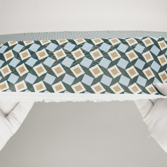 Viscose Georgette Print - Baby Blue, Dark Teal Green and Mustard Gold Geometric Mosaic - Designer Deadstock - Image 6 of 6