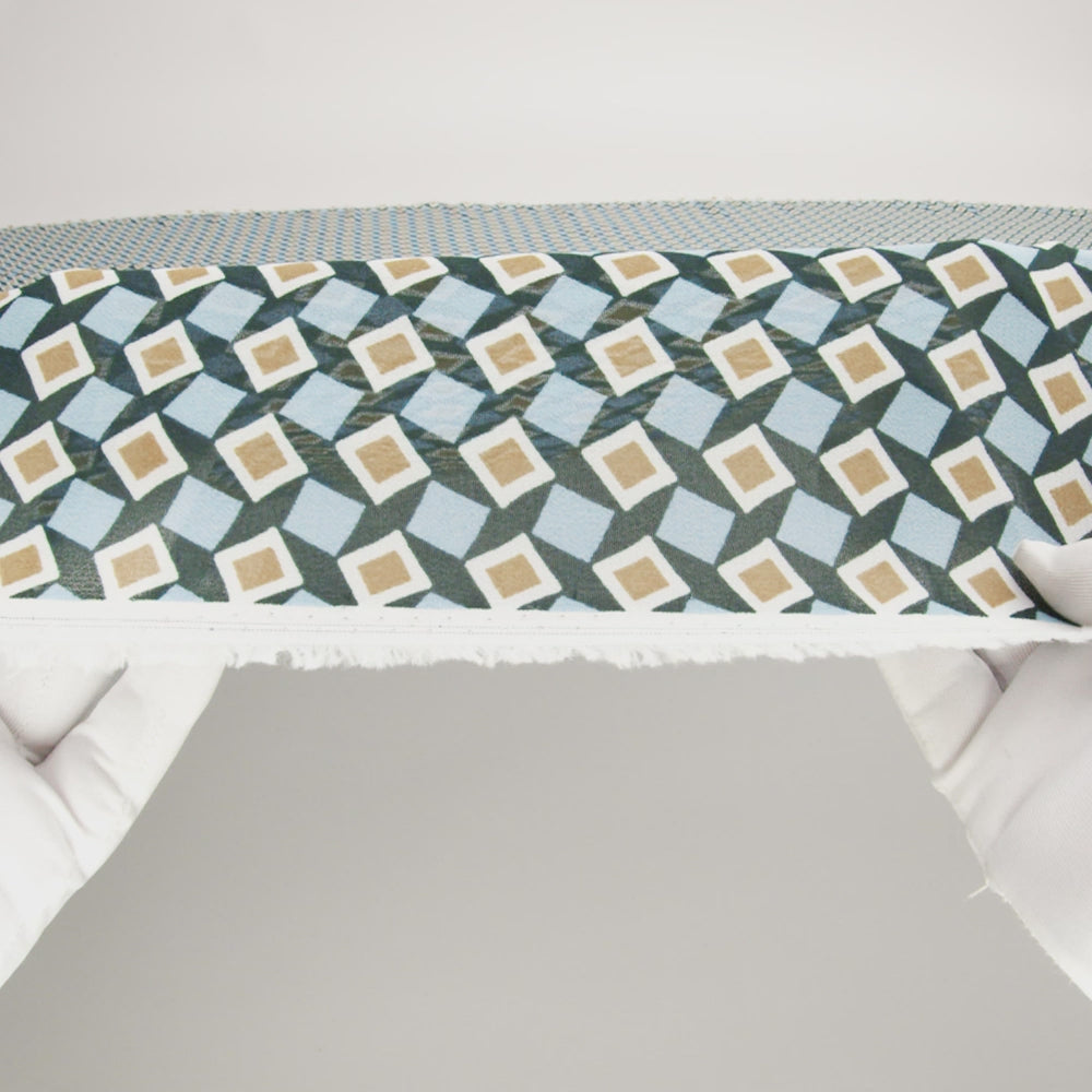 Viscose Georgette Print - Baby Blue, Dark Teal Green and Mustard Gold Geometric Mosaic - Designer Deadstock - Image 6 of 6