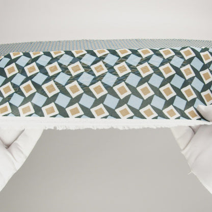 Viscose Georgette Print - Baby Blue, Dark Teal Green and Mustard Gold Geometric Mosaic - Designer Deadstock