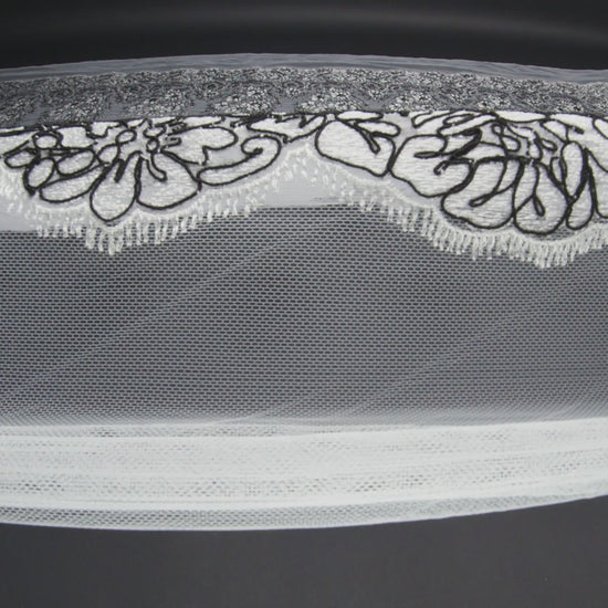 Corded Embroidered Tulle Lace with Scalloped Borders - Black and White Floral