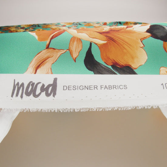Silk Charmeuse Print 16MM, Made in Italy - Teal, Earthy Orange and Charcoal Blooming Roses