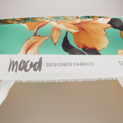 Silk Charmeuse Print 16MM, Made in Italy - Teal, Earthy Orange and Charcoal Blooming Roses