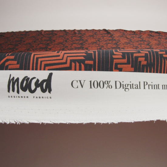 Rayon Challis - Black and Orange Geometric Lines - Ci-Trust the Process Print - Mood Exclusive Citrus Collection
