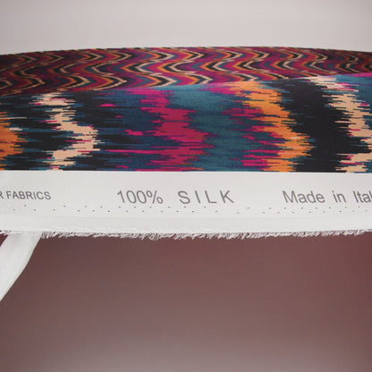 Silk Charmeuse Print 16MM, Made in Italy - Navy, Magenta and Gold Ikat Marbled Waves