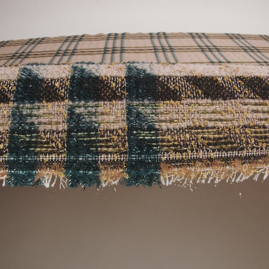 Metallic Wool and Polyester Tweed - Beige, Green and Gold Graphic Plaid
