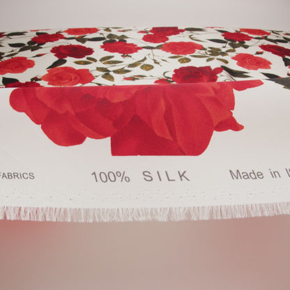 Heavy Silk Satin-Faced Organza, Made in Italy - White, Red and Olive Green Roses and Stems