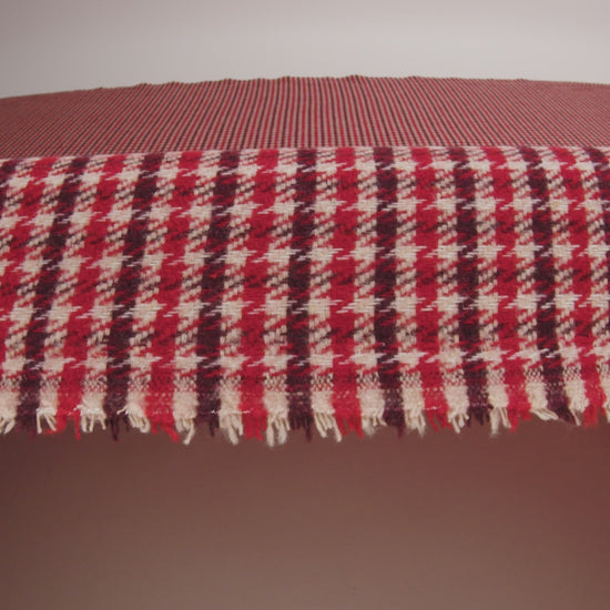 Wool Blend Tweedy Twill - Red, Burgundy and Ivory Houndstooth Plaid