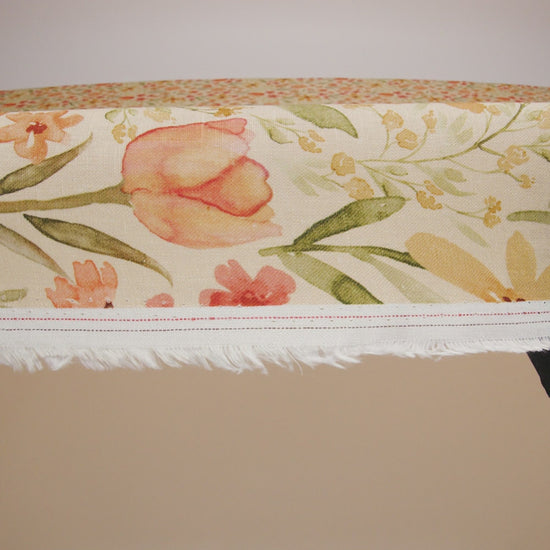 Medium Weight Linen Woven Print - Cream, Orange and Green Tulip Garden