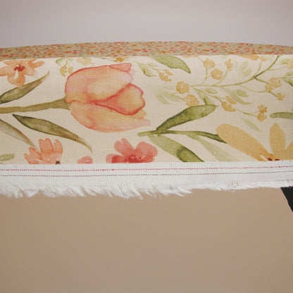 Medium Weight Linen Woven Print - Cream, Orange and Green Tulip Garden