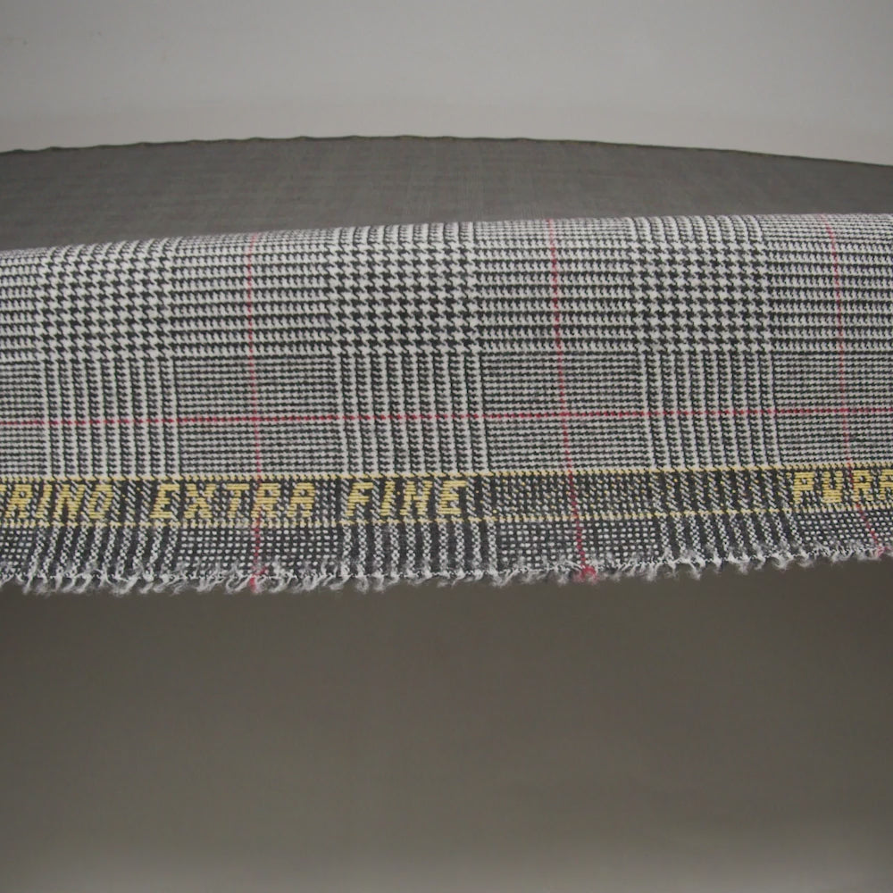 Brushed Virgin Merino Wool Twill - Black, White and Red Glen Plaid - Image 6 of 6