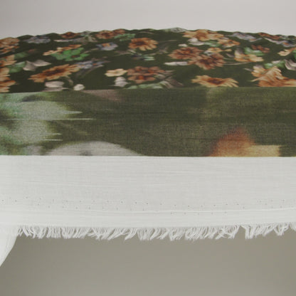 Crinkled Cotton Gauzy Woven - Olive Green, Tan and Gray Hazy Ikat Flowers - Mood Exclusive Blurred Blooms Print