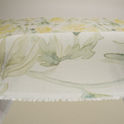 Yellow, Green and White Watercolor Roses Medium Weight Linen Woven