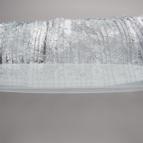 Metallic Foiled Plisse Lace with Embroidery and Beading on Tulle Backing - Light Blue, Silver, and Pale Pink Flowering Branches