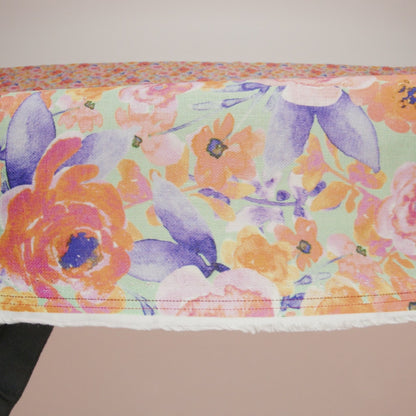 Lightweight Linen Woven Print - Light Sage, Purple and Orange Watercolor Florals
