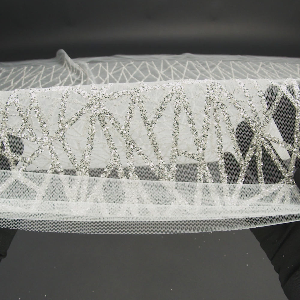 Glitter Tulle - White and Silver Linear Geometry - Image 6 of 7