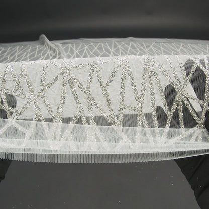 Glitter Tulle - White and Silver Linear Geometry