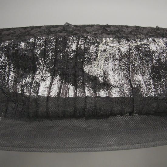 Metallic Foiled Plisse Lace with Embroidery and Beading on Tulle Backing - Black, Gunmetal and White Gold Trailing Leafy Vines