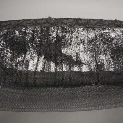 Metallic Foiled Plisse Lace with Embroidery and Beading on Tulle Backing - Black, Gunmetal and White Gold Trailing Leafy Vines