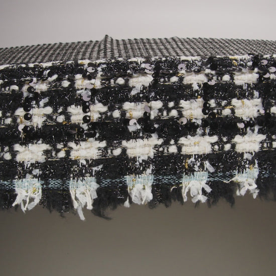 Sequined Polyester Blend Tweed - Black and White Plaid with Gold Accents
