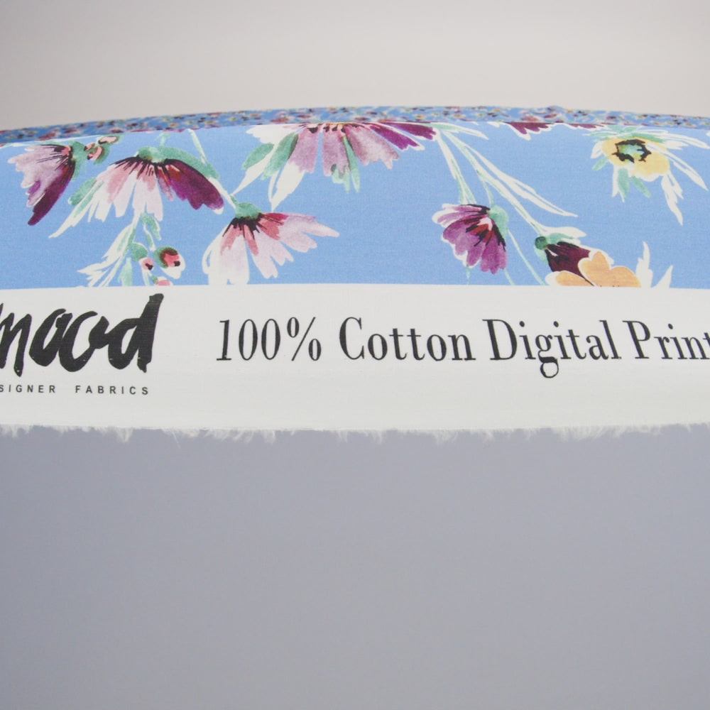 Cotton Poplin Print - Blue Jay and Purple Floral - Mood Exclusive Wide Open