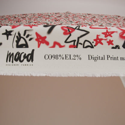 Stretch Cotton Canvas - Red and Black Graffiti Doodles - Spontaneous Collaboration Print - Mood Exclusive Metro Collection
