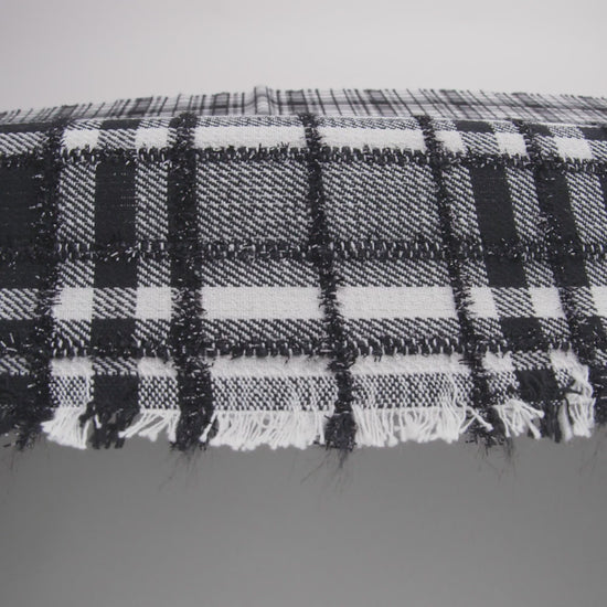 Polyester Blend Twill Tweed with Eyelash Fringe - Black and White Plaid