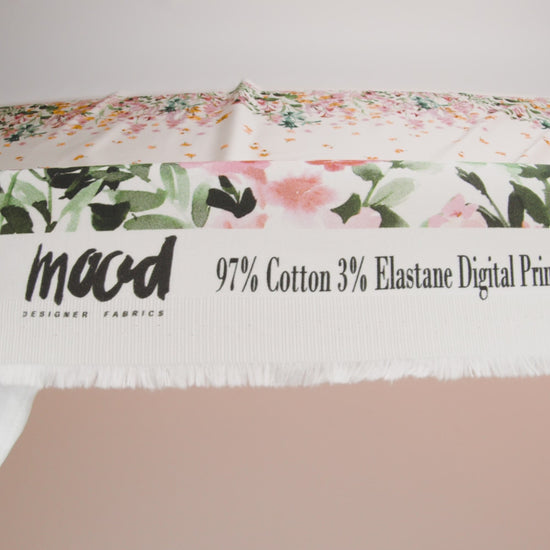 Stretch Cotton Sateen - White Floral Border - Blooming Upwards Print - Mood Exclusive Serengeti Collection