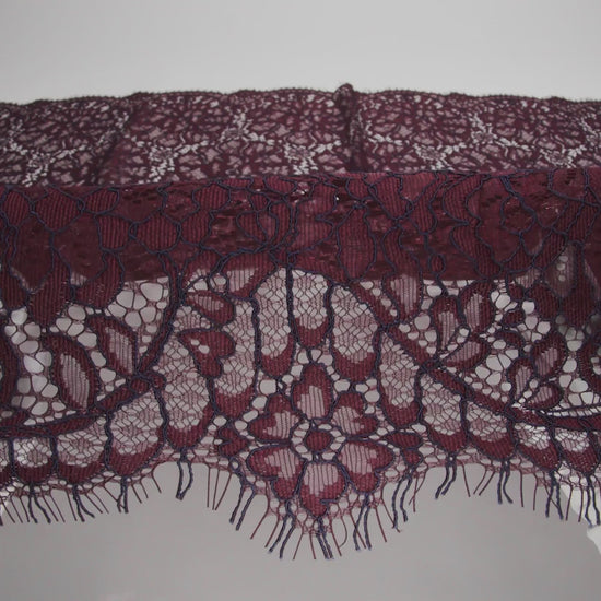 Corded Raschel Lace Panel with Finished Edges - Burgundy and Navy All-Over Flowers and Leaves - Image 6 of 6