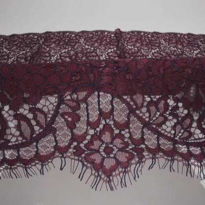 Corded Raschel Lace Panel with Finished Edges - Burgundy and Navy All-Over Flowers and Leaves