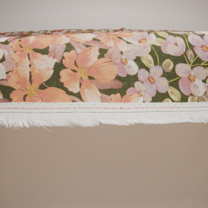 Medium Weight Linen Woven Print - Dark Sage, Pink and Creamsicle Floral