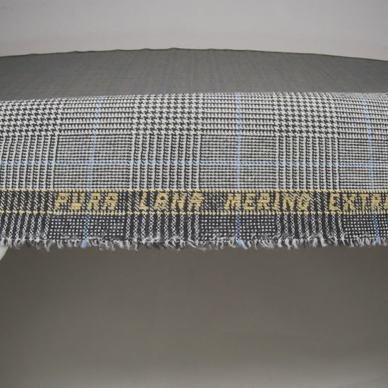 Brushed Virgin Merino Wool Twill - Black, White and Sky Blue Glen Plaid - Image 6 of 6
