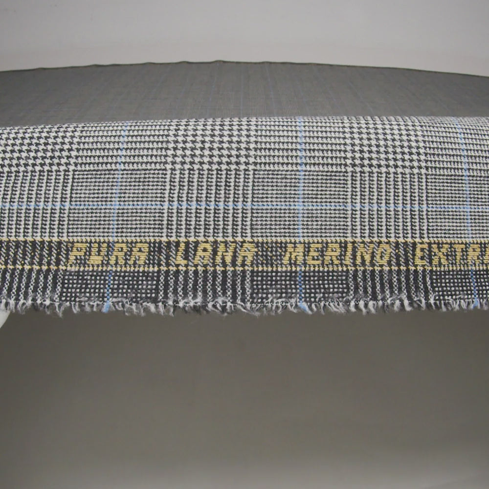 Brushed Virgin Merino Wool Twill - Black, White and Sky Blue Glen Plaid - Image 6 of 6