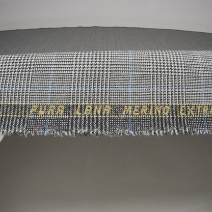 Brushed Virgin Merino Wool Twill - Black, White and Sky Blue Glen Plaid