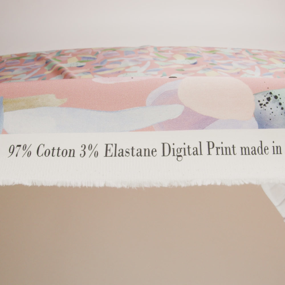Stretch Cotton Sateen - Pink and Multicolor Abstract Spots - Dappled Duende Print - Mood Exclusive Avenable Collection