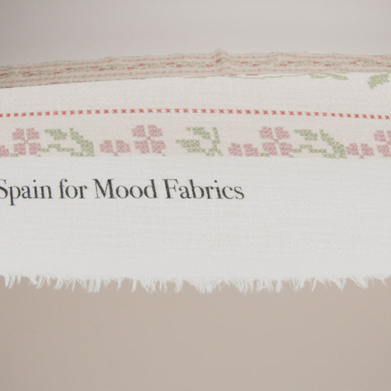 Slubbed Gauzy Cotton Woven - Pale Peach, Pink and Green Cross Stitch Berries and Flowers Stripes - Mood Exclusive Needlepoint Petals Print