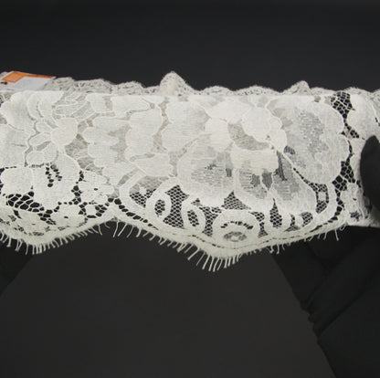 French Mercerized Cotton Leavers Lace with Finished Scalloped Edges by Solstiss - Greige Bold Florals