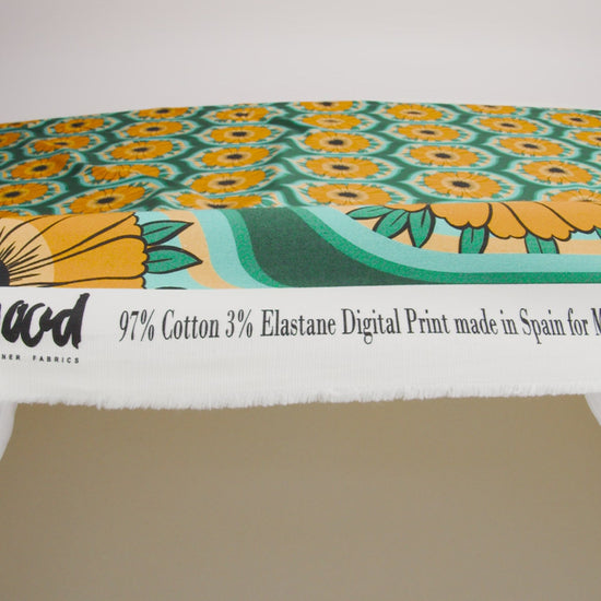 Stretch Cotton Sateen - Yellow and Teal Floral Ogees - Sunrise Divine Print - Mood Exclusive Groove Collection
